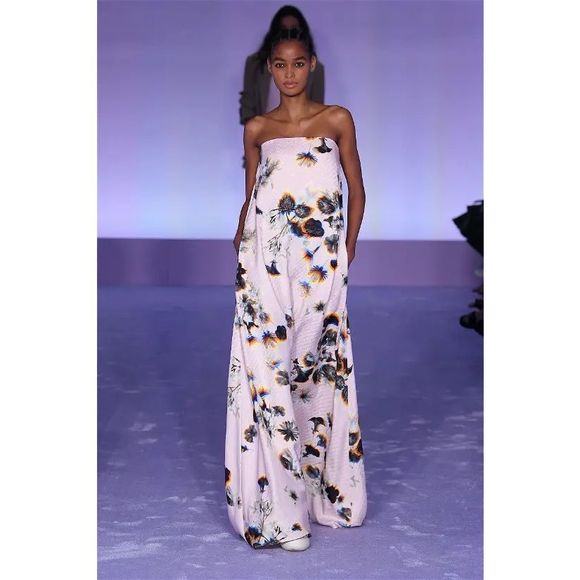 Brandon Maxwell Serena Strapless Blur Floral-Print Logo Jacquard Gown